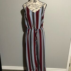 Striped Sleeveless Jumpsuit - Burgundy and White